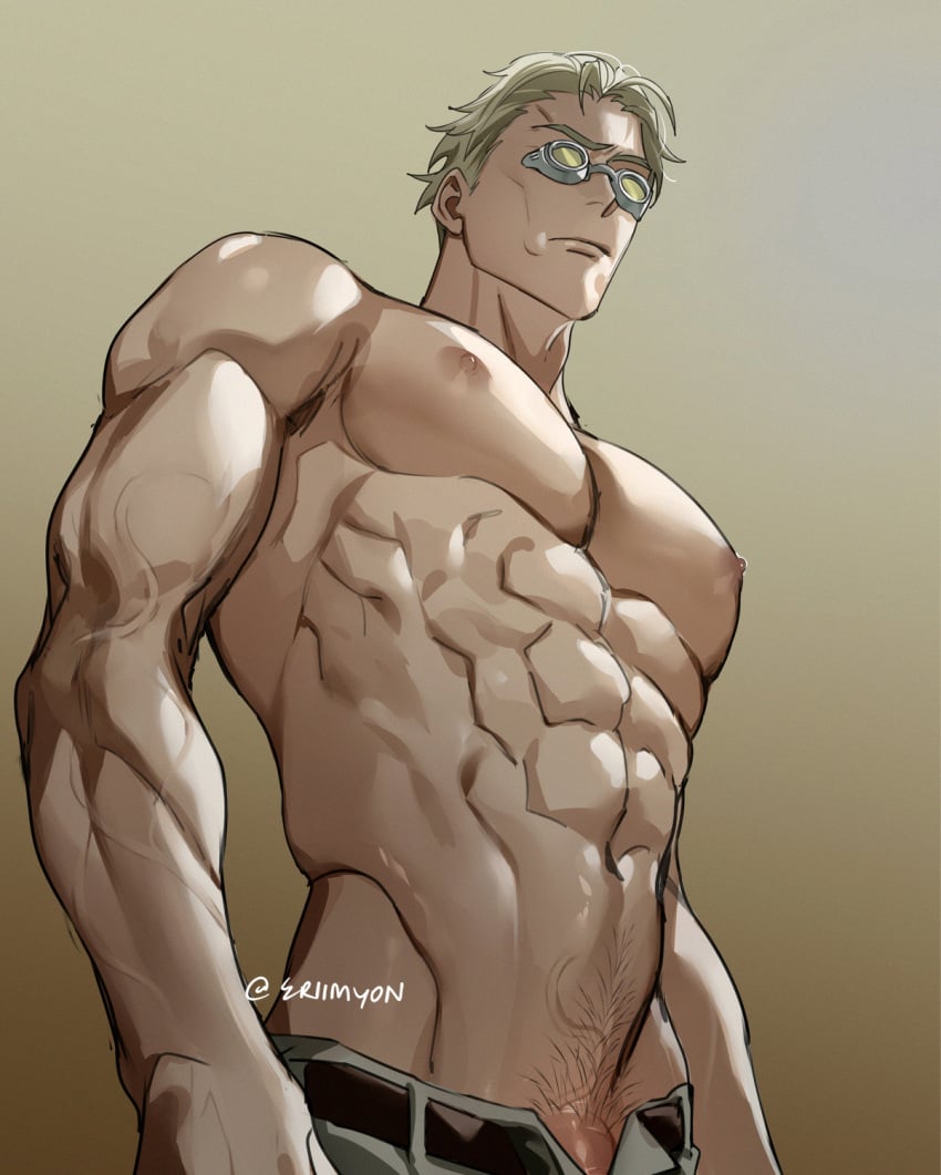 1boy abs blonde_hair eriimyon expressionless goggles grey_background highres jujutsu_kaisen kento_nanami male_focus male_only muscular muscular_male nanami_kento pectorals penis penis_peek short_hair solo standing topless_male upper_body