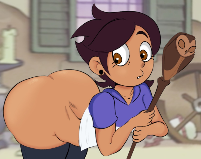 1girls apple_butt ass bent_over big_ass breasts dark-skinned_female dark_skin dat_ass disney disney_channel ear_piercing earrings female huge_ass kath_hawkins latina looking_at_ass luz_noceda magic_staff no_panties owlbert revcatxxx_(artist) short_hair smooth_skin staff stockings the_owl_house