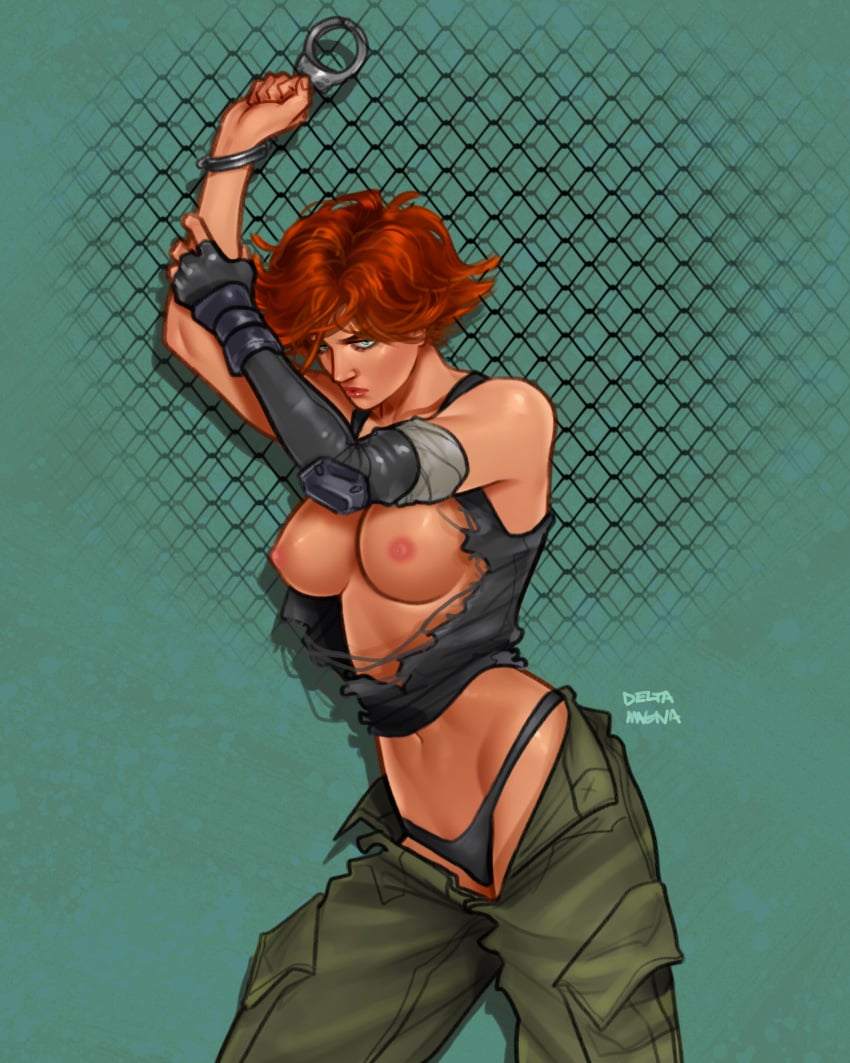 1girls black_panties breasts_out clothed deltamagna elbow_pads glove handcuffed meryl_silverburgh metal_gear metal_gear_solid pants_open red_hair tagme tank_top thong torn_clothes