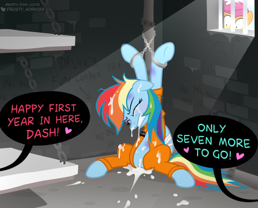 chains crying cum_in_pussy earth_pony_colds english_text implied_sex jail_cell jumpsuit my_little_pony on_model prison prison_uniform rainbow_dash_(mlp) rainbow_hair rape speech_bubble tally_marks text twitter_logo twitter_username