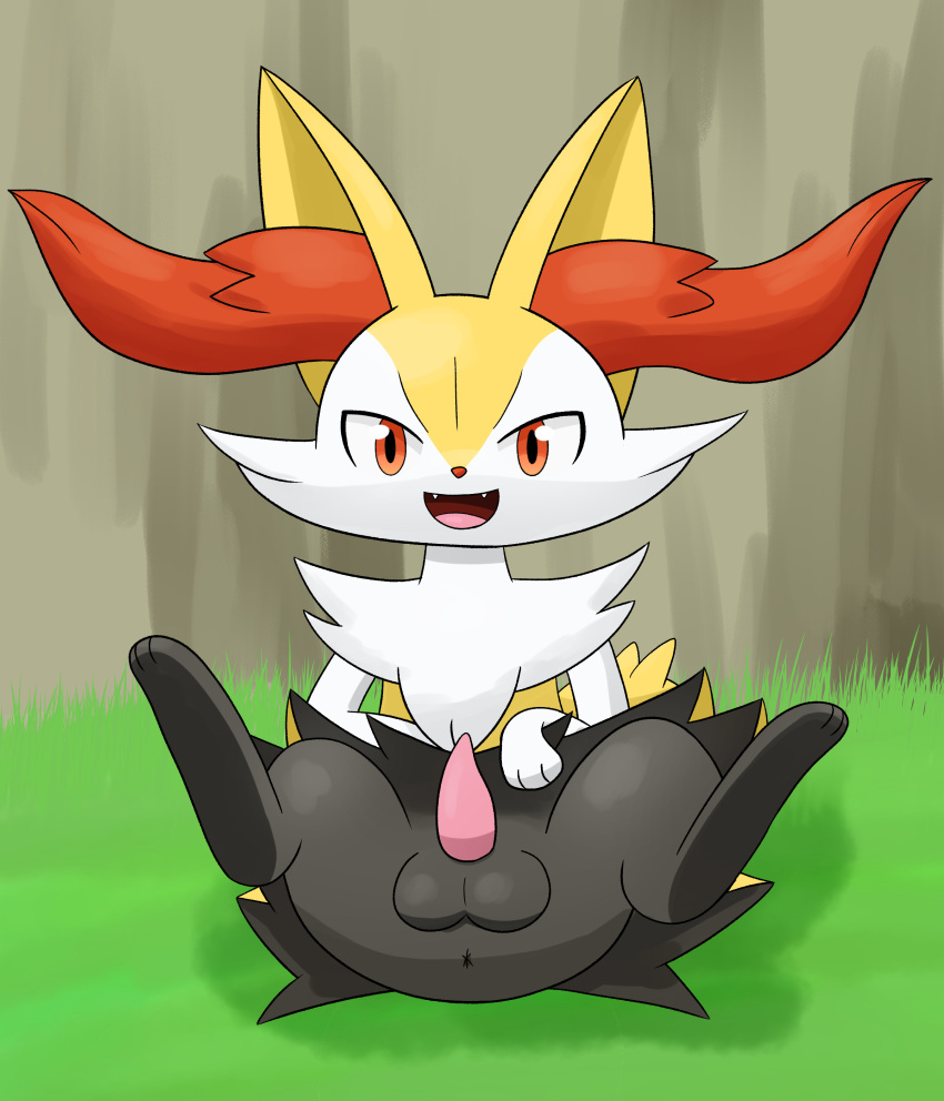 absurd_res anthro anus ass balls black_body braixen generation_6_pokemon genitals hi_res looking_at_viewer male male_only nintendo open_mouth paws penis pokemon pokemon_(species) red_eyes solo spread_legs spreading tagme tokumei_tm white_body yellow_body