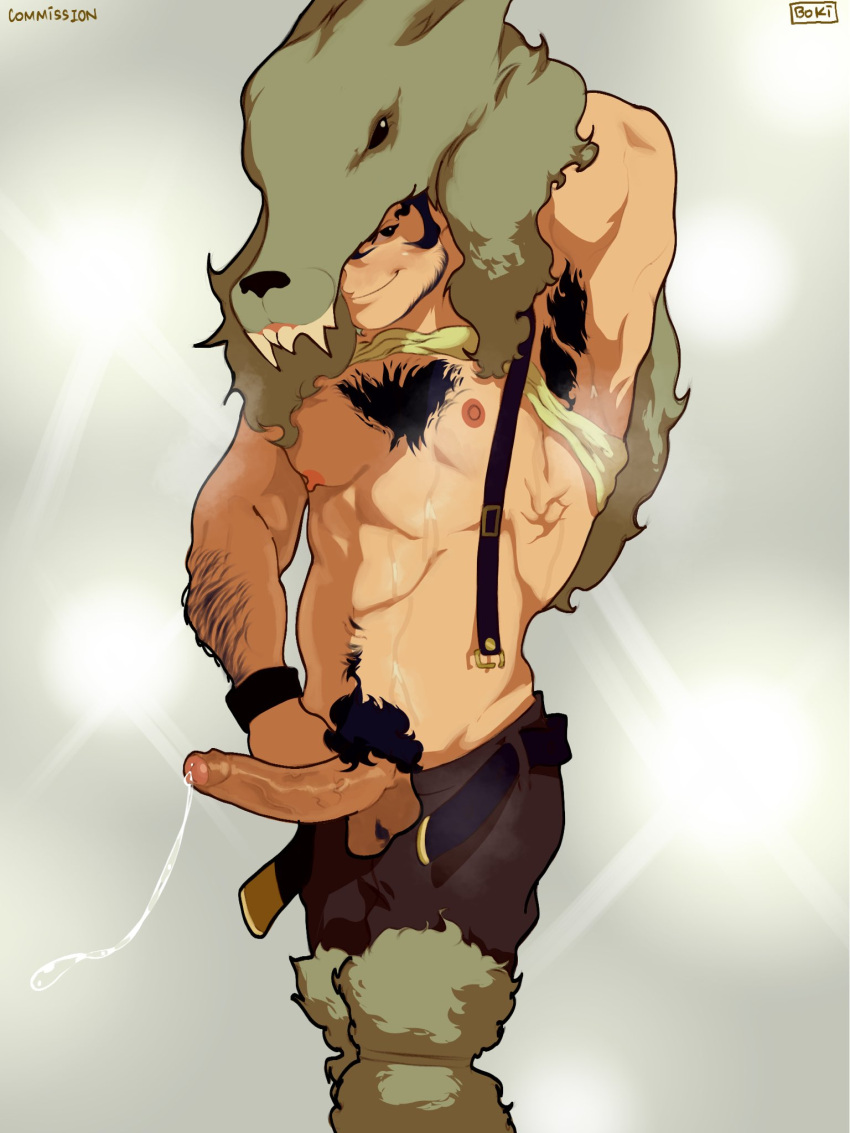 1boy abs arm_hair armpit_hair armpits bara belt beowulf_(skullgirls) black_hair come_hither commission cum cumdrip facial_hair feet_out_of_frame haideebobs hairy highres large_pectorals looking_at_viewer male_focus mature_male muscular muscular_male navel navel_hair nipples open_belt open_fly pectorals seductive_smile short_hair skullgirls smile smirk solo standing stomach stubble suspenders sweat thick_eyebrows uncensored wolf_hood