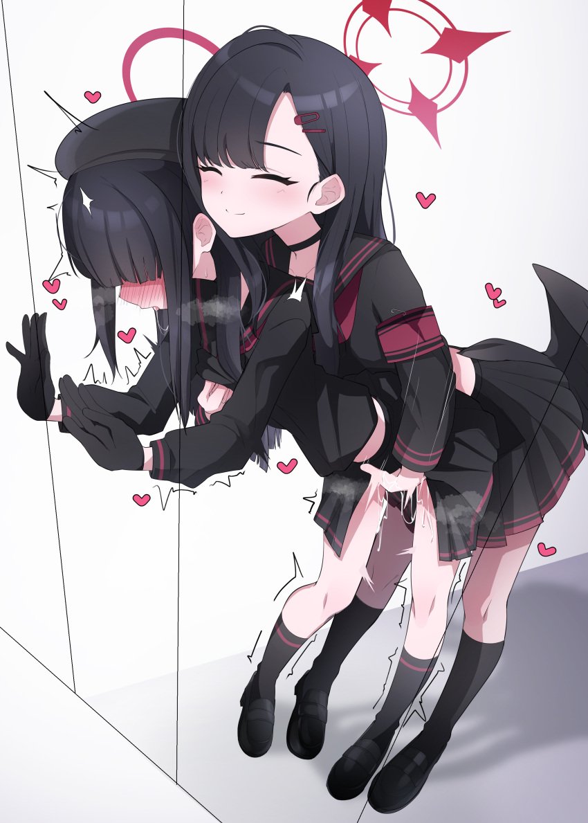 2girls absurdres against_wall armband beret black_choker black_footwear black_gloves black_hair black_headwear black_sailor_collar black_serafuku black_shirt black_skirt black_socks black_wings blue_archive blush choker closed_eyes closed_mouth commentary_request feathered_wings female fingering fingering_from_behind gloves grabbing grabbing_another's_breast grabbing_from_behind hair_ornament hair_over_eyes hairclip halo hat heart highres ichika_(blue_archive) justice_task_force_(blue_archive) justice_task_force_member_(blue_archive) kagami_moch kneehighs leaning_forward long_hair low_wings miniskirt multiple_girls open_mouth pleated_skirt pussy_juice reach-around red_armband red_halo sailor_collar sailor_shirt saliva saliva_trail school_uniform serafuku shirt shoes sidelocks skirt smile socks split_mouth tongue tongue_out trembling trinity_general_school_student wings yuri