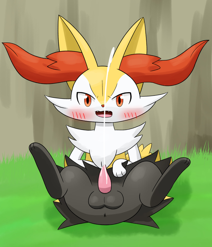 absurd_res animal_penis anthro anus ass balls black_body blush bodily_fluids braixen cum cumshot ejaculation generation_6_pokemon genital_fluids genitals hi_res looking_at_viewer male male_only nintendo open_mouth paws penis pokemon pokemon_(species) red_eyes solo spread_legs spreading tokumei_tm white_body yellow_body