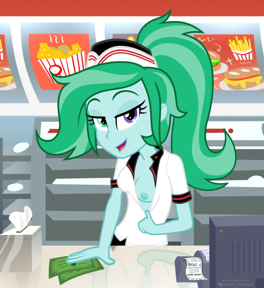 1girls accurate_art_style aniyah areolae breasts earth_pony_colds equestria_girls fast_food female female_only friendship_is_magic hasbro kfc money my_little_pony nipples on_model prostitution showing_breasts smiling_at_viewer uniform