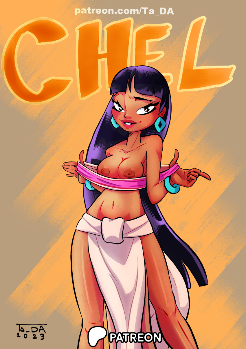 1girls 2d 2d_(artwork) black_hair breasts chel dark-skinned_female dreamworks female female_only huge_breasts latina long_hair looking_at_viewer partially_clothed pulling_clothing standing striped_clothing ta_da the_road_to_el_dorado thick_thighs