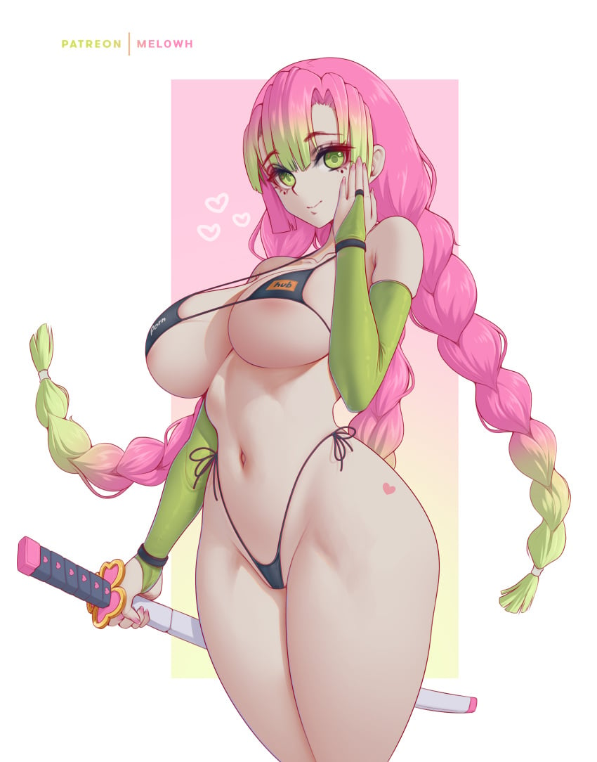 1girls bikini black_bikini breasts demon_slayer female green_eyes green_hair hi_res huge_breasts kanroji_mitsuri kimetsu_no_yaiba light-skinned_female light_skin long_hair melowh pink_hair pornhub pornhub_bra thick_thighs two_tone_hair