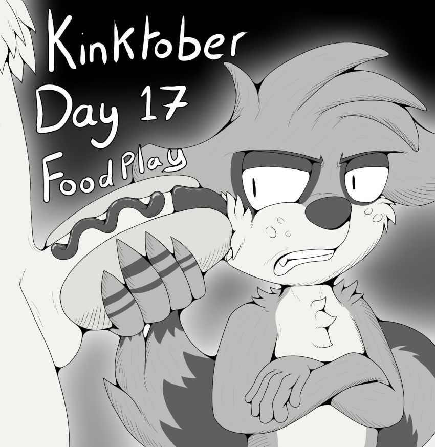 annoy anthro avian bird black_and_white cartoon_network clenched_teeth crossed_arms duo ears_down erection food food_fetish food_play foxkai genitals hi_res inktober inktober_2023 kinktober kinktober_2023 male male/male mammal monochrome mordecai_(regular_show) penis pivoted_ears procyonid raccoon regular_show rigby_(regular_show) teasing teeth