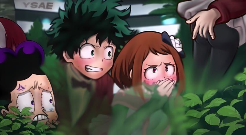 1girls 2boys ahe_gao ahegao blush blushing body_stocking bowtie brown_hair bush clothed clothing covering_mouth deku edit eyes_rolling_back fingering flower_hair_ornament flower_in_hair flower_on_head formal_attire formal_clothes formal_wear full-face_blush fully_clothed grabbing_ass grabbing_from_behind green_hair heart-shaped_pupils hidden izuku_midoriya leggings masturbation midoriya_izuku mineta_minoru minoru_mineta my_hero_academia ochako_uraraka one_piece_dress pearl_necklace purple_hair rolling_eyes self_upload sex skin_tight suit thight todoroki_shouto ysae