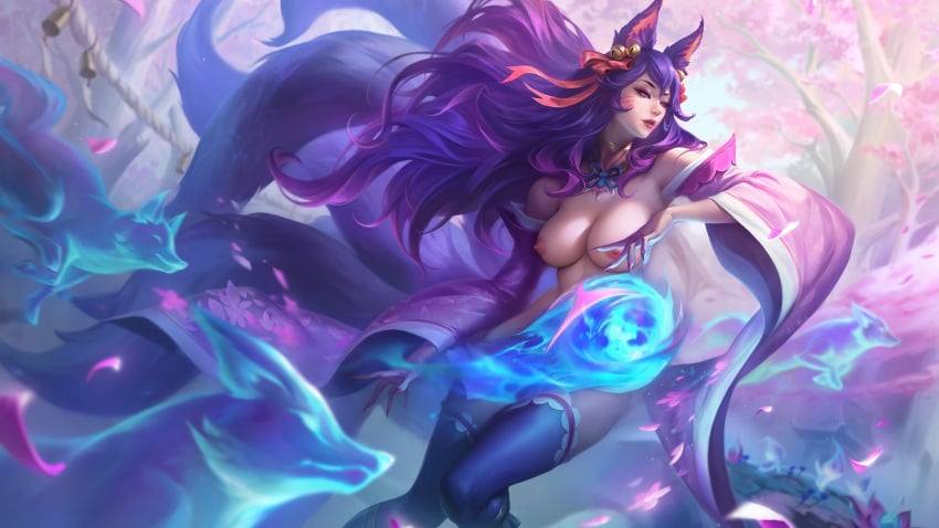 ahri ai_generated alternate_costume alternate_hair_color alternate_hairstyle animal_ear_fluff animal_ears animal_girl bangs bell big_breasts blue_eyes breasts child_bearing_hips choker cleavage clothing convenient_censoring curvaceous curves curvy curvy_body curvy_female curvy_figure curvy_hips edit edited edited_official_artwork eyelashes eyeliner eyeshadow facial_markings female fluffy fluffy_ears fluffy_tail fluffy_tails fox fox_ears fox_girl fox_tail furry_tail hair_ornament hair_ribbon hips hourglass_figure humanoid inner_ear_fluff japanese_clothes kemonomimi kimono kitsune large_breasts league_of_legends light-skinned_female light_skin long_hair multi_tail nine_tailed_fox orb pale-skinned_female pale_skin purple_hair riot_games robe spirit_blossom_ahri spirit_blossom_series tail thick_thighs thighs vastaya video_games wide_hips