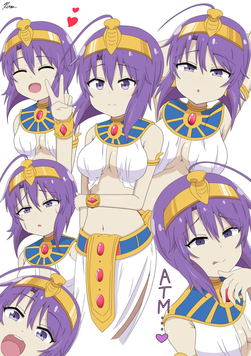 1girls ahoge blush breasts cleavage closed_eyes closed_mouth egyptian_clothes female jashin-chan_dropkick large_breasts looking_at_viewer medusa_(jashin-chan_dropkick) multiple_views navel no_bra open_mouth purple_eyes purple_hair ritsu_1345 short_hair smile tears tongue tongue_out v