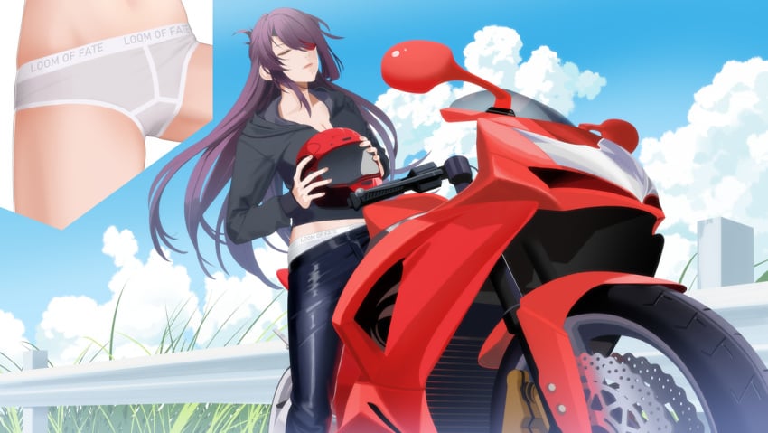 1girls beidou_(genshin_impact) bike blue_sky briefs briefs_only closed_eyes clothing cloud clouds cloudy_sky eyepatch female genshin_impact helmet loose_pants motorcycle motorcycle_helmet red_motorcycle underwear