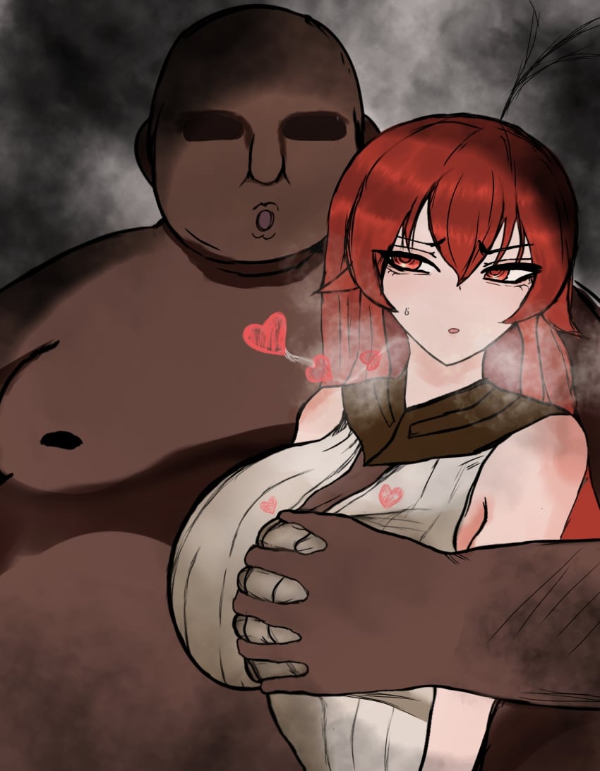 1boy 1girls breast_grab breasts clothed_female_nude_male cuckolding dark-skinned_male dark_skin defiant eris_greyrat fat_bastard fat_man groping groping_breasts heart interracial kinkylingky light-skinned_female light_skin mushoku_tensei netorare ntr old_man red_eyes red_hair ugly_bastard ugly_man