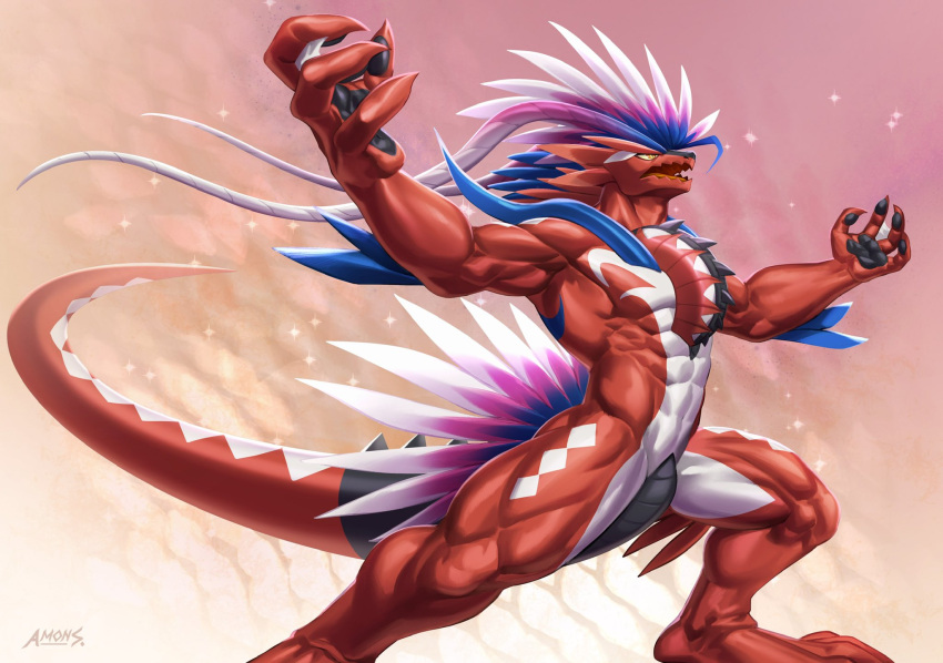 4_fingers abs abstract_background amber_eyes amon-sydonai ancient_pokemon anthro apex_build_koraidon arm_spikes belly_scales biceps chest_spike claws digital_media_(artwork) elbow_feathers elbow_spikes feathers fingers hair hi_res hind_legs horn jaws koraidon legendary_pokemon long_horn long_tail looking_up male markings multicolored_body multicolored_hair multicolored_skin muscular muscular_anthro muscular_legs muscular_male muscular_thighs nintendo open_mouth paradox_pokemon pattern pecs pokemon pokemon_(species) pose pupils raised_arms red_body red_skin scales scalie serratus sharp_fangs slit_pupils solo spikes spikes_(anatomy) spiky_hair tail talons white_body yellow_eyes