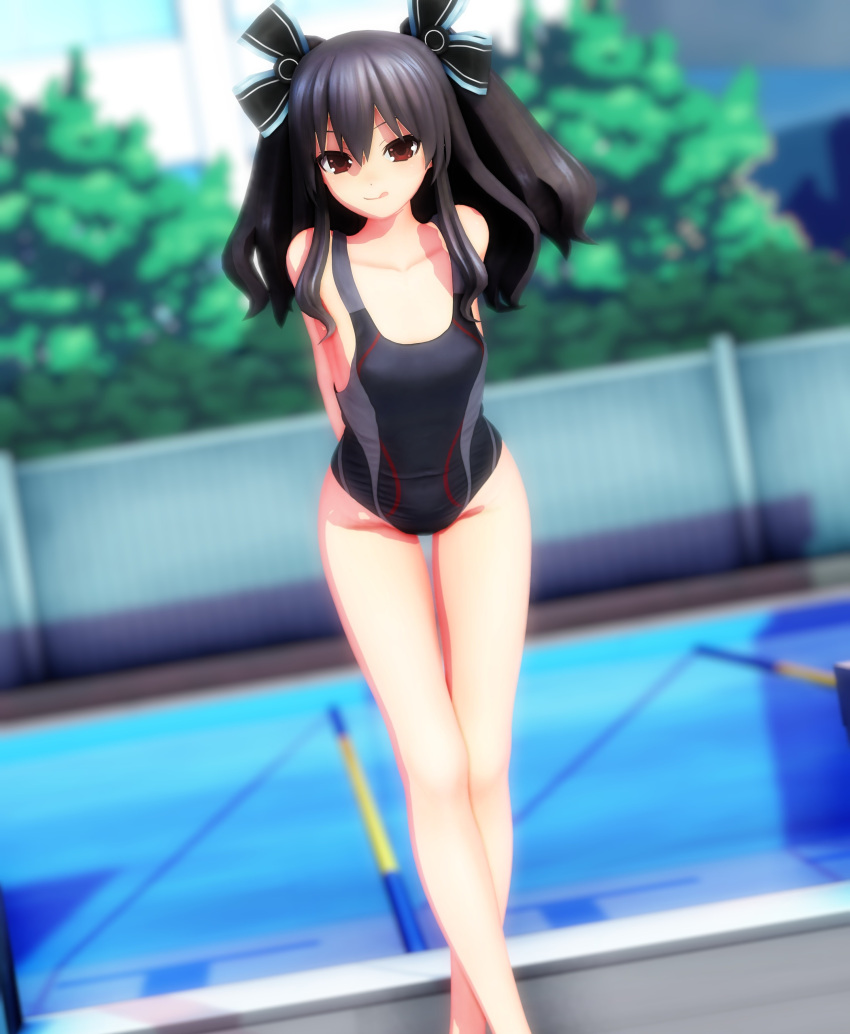 1girls 3d arms_behind_back artist_request black_hair breasts female female_only hi_res leaning_forward legs licking_lips looking_at_viewer medium_breasts naughty_face neptunia_(series) one-piece_swimsuit pool red_eyes smile solo swimsuit thighs tongue tongue_out twintails uni_(neptunia) water