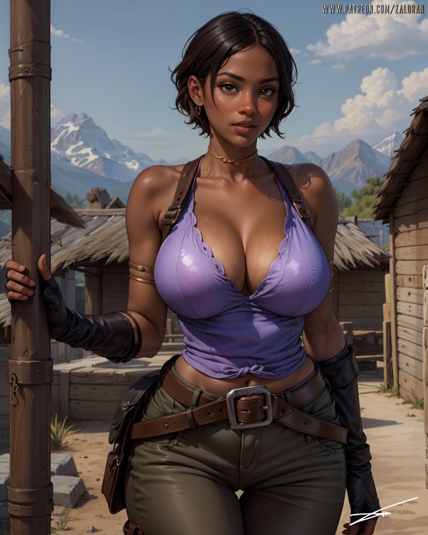 african african_female ai_generated bare_shoulders big_breasts breasts capcom cleavage dark-skinned_female dark_skin female highres jewelry looking_at_viewer navel patreon_username resident_evil resident_evil_5 sheva_alomar zaloran