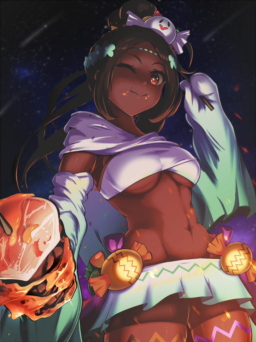 1girls alternate_costume bike_shorts bike_shorts_under_skirt breasts brown_hair candy_hair_ornament crop_top dark-skinned_female dark_skin eating female female female_only fire_emblem fire_emblem_engage fire_emblem_heroes food food-themed_hair_ornament ghost_hair_ornament hair_ornament halloween halloween_costume highres keldancon long_hair long_sleeves looking_at_viewer meat medium_breasts microskirt midriff navel night night_sky nintendo official_alternate_costume one_eye_closed ponytail red_eyes skirt sky sleeves_past_wrists smile solo star-shaped_pupils star_(symbol) symbol-shaped_pupils timerra_(fire_emblem) timerra_(halloween)_(fire_emblem) underboob wide_sleeves