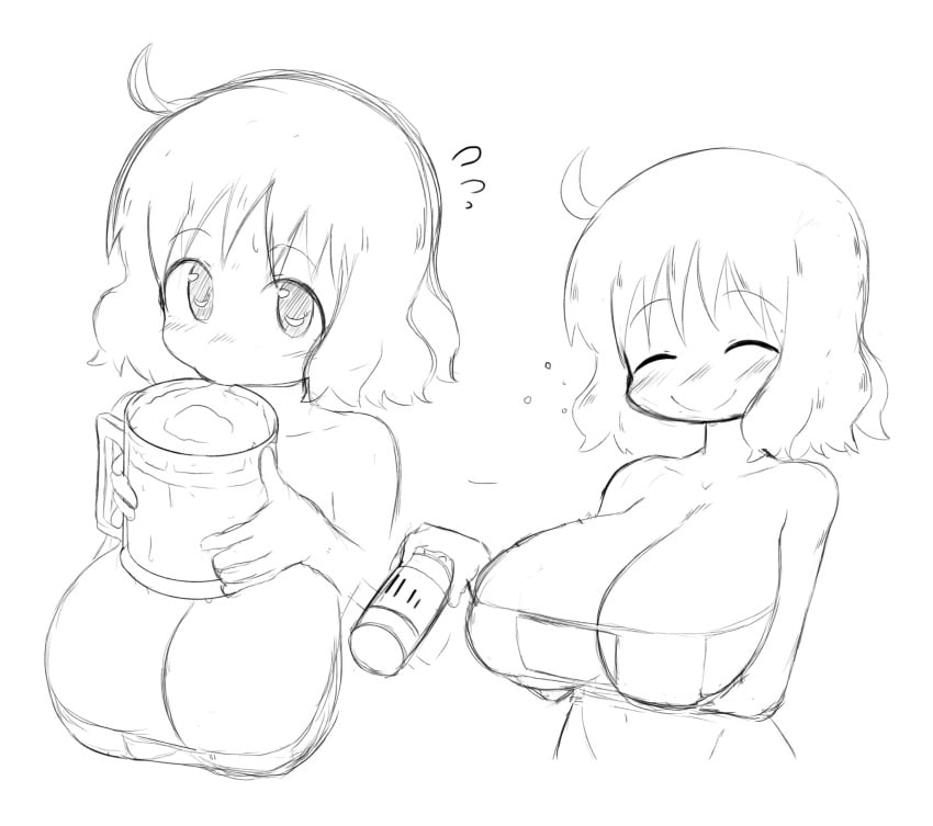 1girls beer bikini black_and_white blush cleavage drinking eyepatch_bikini female female_only greyscale large_breasts madmex monochrome nichijou sakurai_izumi short_hair sipping sketch solo_female suggestive