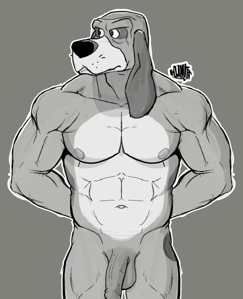 abs anthro balls canid canine canis casual_nudity copper_(fath) disney domestic_dog flaccid foreskin fur genitals hi_res humanoid_genitalia humanoid_hands humanoid_penis hunter-husky hunting_dog male mammal manly muscular muscular_anthro muscular_male navel nipples nude pecs penis scent_hound simple_background solo the_fox_and_the_hound