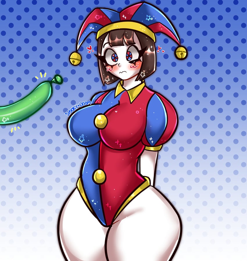 2023 2d 2d_(artwork) 2d_artwork balloon big_thighs blush blushing brown_hair clothes female female_only glitch_productions gooseworx jester_costume jester_hat jester_outfit medium_breasts pomni_(the_amazing_digital_circus) spooky_doom the_amazing_digital_circus white_body