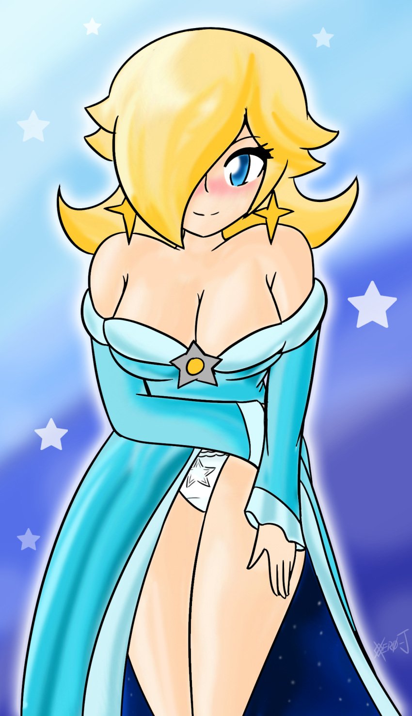 1girls 2023 big_breasts blonde_hair blue_background blue_eyes blush breasts cleavage dress earrings female female_only light-skinned_female light_skin mario_(series) nintendo panties partially_clothed princess_rosalina solo solo_female super_mario_galaxy white_panties xero-j