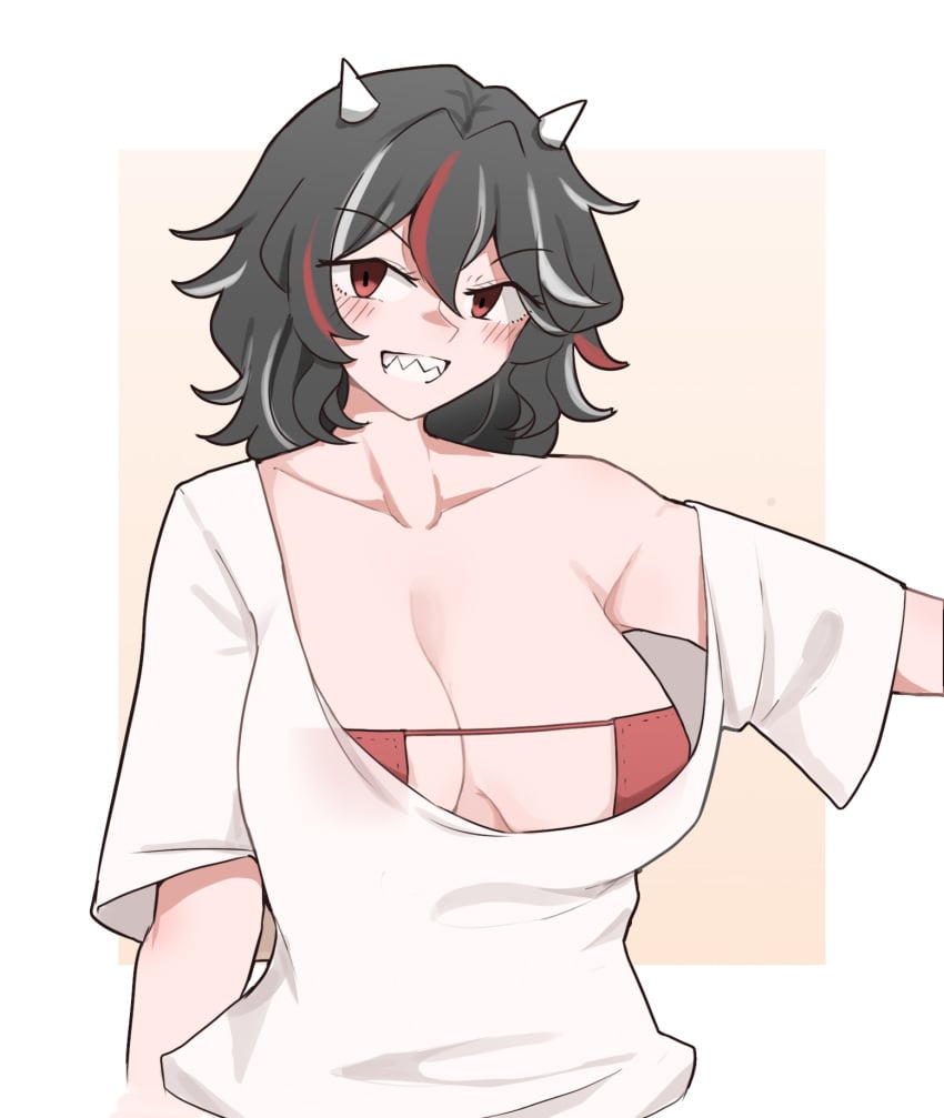 1girls 2d big_breasts black_hair blush_lines bra brat breasts female horns mata_(matasoup) multicolored_hair red_eyes red_hair seija_kijin sharp_teeth shirt short_hair smile source standing touhou white_hair