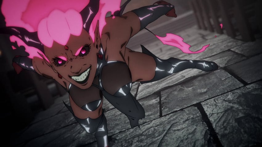 1girls bare_shoulders bare_thighs big_breasts breasts busty castlevania castlevania_(netflix) castlevania_nocturne cleavage cleft_of_venus curvaceous curved_horn curved_horns curves curvy curvy_body curvy_female curvy_figure curvy_hips curvy_thighs dark-skinned_female dark_skin demon demon_girl demon_horns demon_tail demon_wings demoness drolta_tzuentes earrings female female_focus female_only fiery_hair fiery_tail fit fit_female flaming_hair flaming_tail glowing_eyes grin grinning grinning_at_viewer hips horns humanoid leggings legwear monster_girl no_humans pink_hair pointy_ears screenshot sole_female solo solo_female solo_focus tagme tail thick_thighs thighhighs thighs toothy_grin vampire voluptuous voluptuous_female wide_hips wings