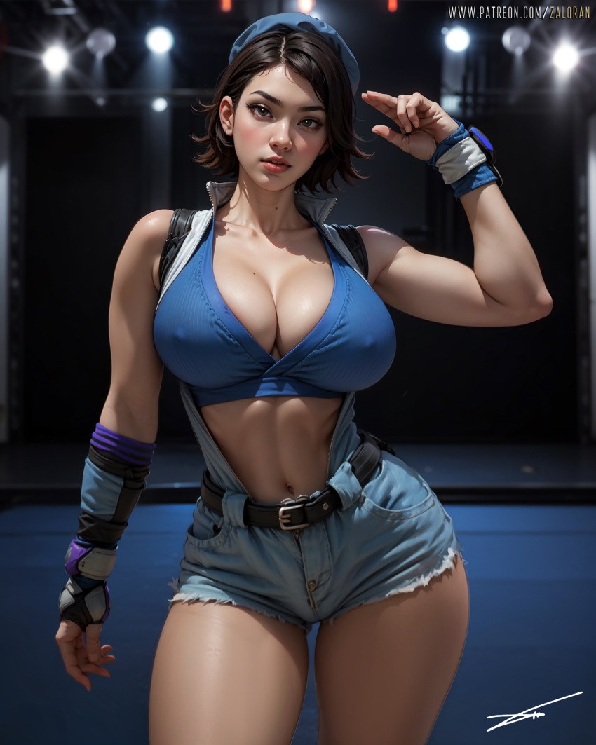 1girls ai_generated asian asian_female bare_shoulders big_breasts breasts cleavage female highres huge_breasts jewelry kazama_asuka large_breasts light-skinned_female light_skin looking_at_viewer namco navel patreon_username shorts tekken tekken_5 thick_thighs zaloran