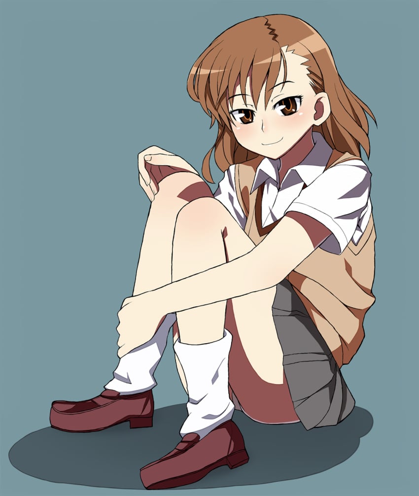 10s 1girls 2009 bare_legs blush brown_eyes brown_hair female full_body grey_background hi_res knees_to_chest looking_at_viewer loose_socks matching_hair/eyes miniskirt misaka_mikoto nanakura_nanane panties pantyshot school_uniform schoolgirl short_hair sitting skirt smile socks solo teenage_girl teenager thick_thighs thighs to_aru_kagaku_no_railgun to_aru_majutsu_no_index tokiwadai_school_uniform underwear white_panties white_socks young