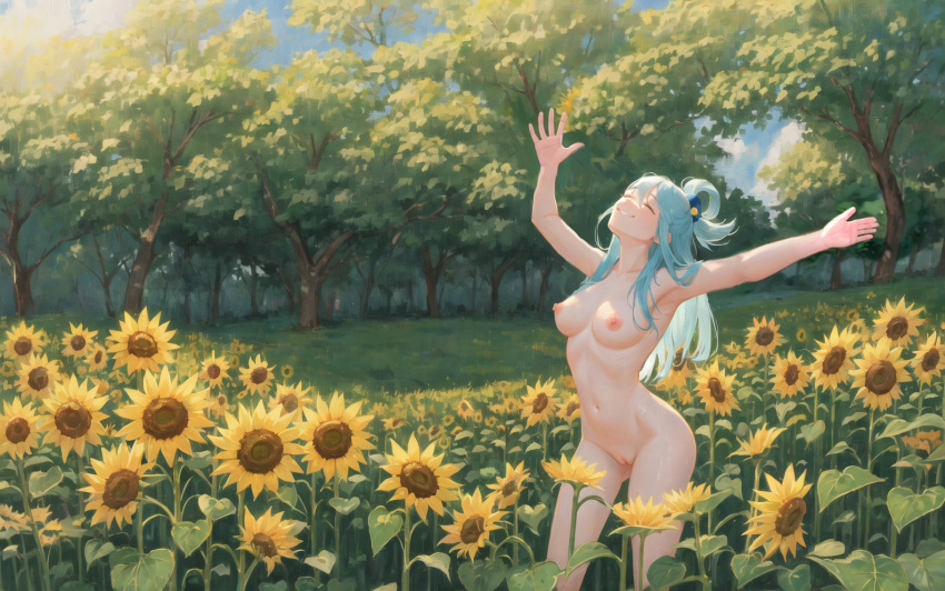 1girls ai_generated aqua_(konosuba) breast breasts closed_eyes female female_only kono_subarashii_sekai_ni_shukufuku_wo! nature nipples nude nude_female outdoors pussy self_upload solo sunflowers