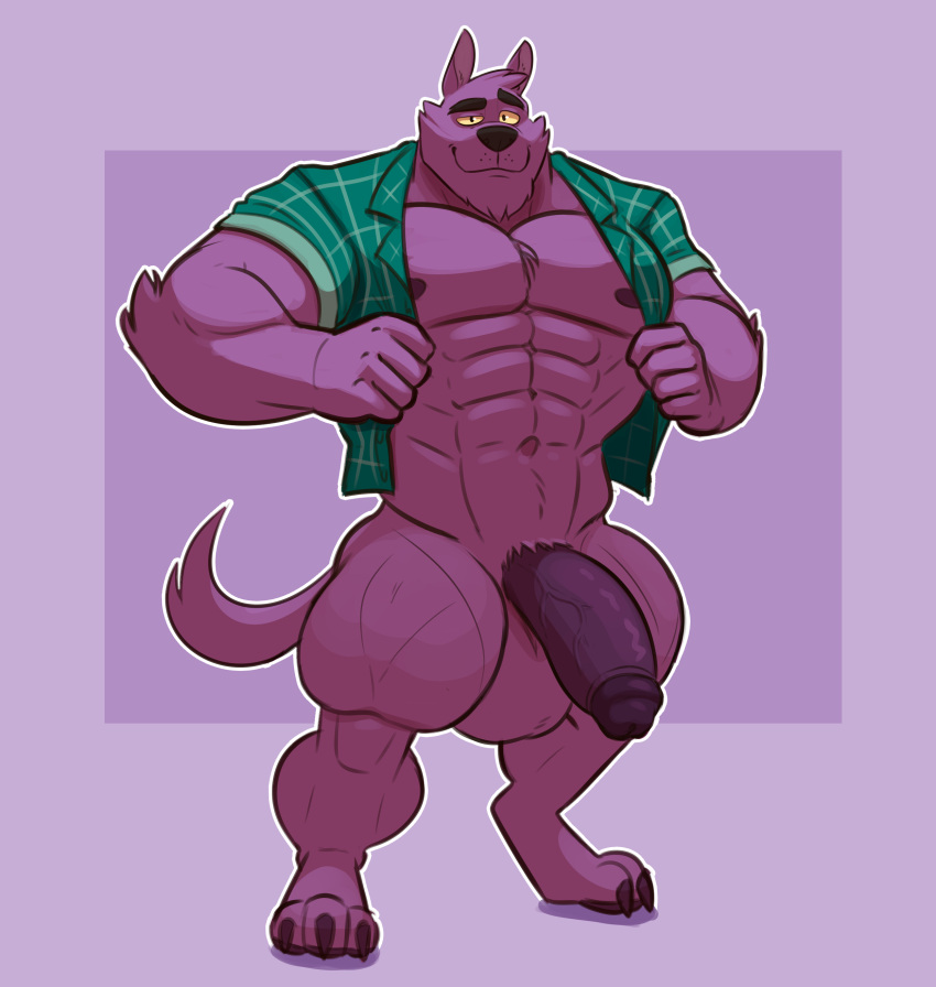 anthro balls bara barazoku bernard_(ok_k.o.!_lbh) big_penis flaccid furry lizard_soup male male_only muscles muscular ok_k.o.!_let's_be_heroes open_shirt pantsless penis purple_fur shirt shirt_only solo solo_male werewolf wolf