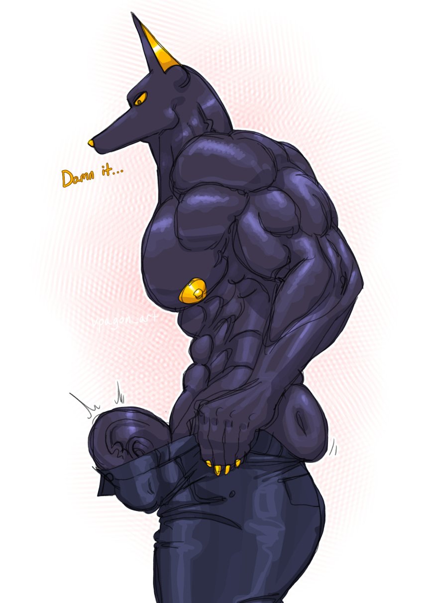 1boy anthro ball_bulge big_penis black_body black_fur canine carbon_(vpagonart) furry humanoid_penis jackal larger_male male_only muscular original_character penis_bulge pulling_up_pants text thick_ass thick_thighs upset veins veiny_penis vpagonart yellow_eyes yellow_nipples yellow_nose