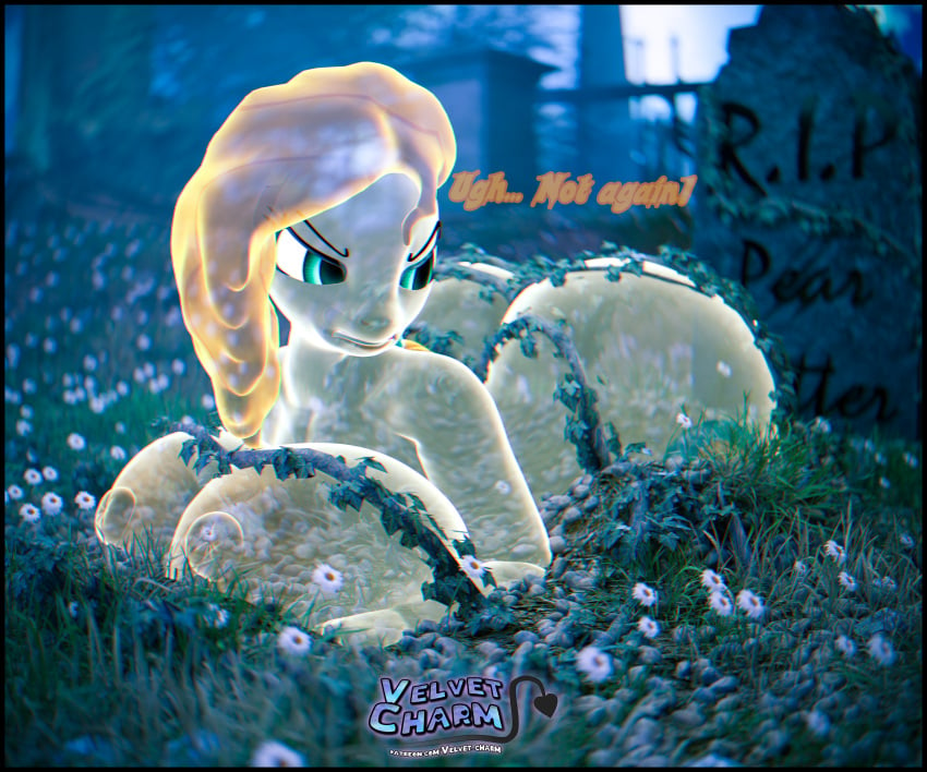 annoyed_expression big_breasts big_butt blurry_background comedic dialogue flowers fog full_moon ghost grave graveyard leaves looking_back_at_self my_little_pony my_little_pony_friendship_is_magic nipples nude nude_anthro pear_butter_(mlp) solo solo_focus spooky stuck_in_ground tombstone tree velvet_charm vines