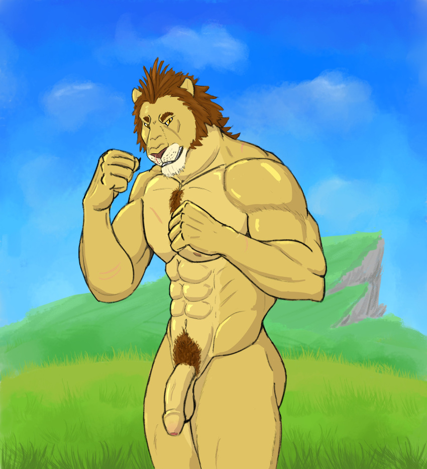 abs absurd_res anthro balls biceps casual_nudity deltoids felid flaccid foreskin fur genitals hi_res humanoid_genitalia humanoid_hands humanoid_penis leo_sus_art lion male mammal manly muscular muscular_anthro muscular_male nature navel nipples nude outdoor_nudity outside pantherine pecs penis pubes solo