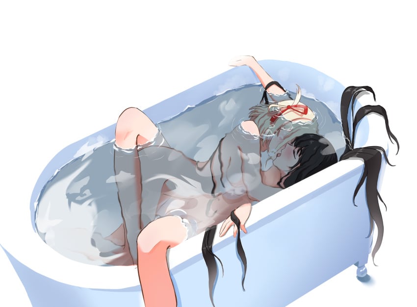 2girls bathtub black_hair blush closed_eyes highres inoue_takina long_hair lycoris_recoil marima666_(artist) navel nishikigi_chisato nude pink_hair short_hair simple_background submerged tagme water white_background yuri