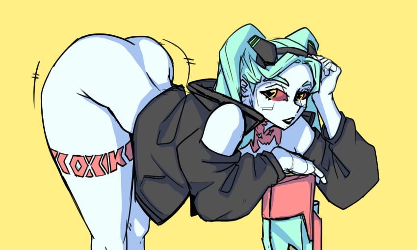 ass ass_focus ass_up big_ass big_butt big_hair black_lipstick bloobie_(artist) blue_body blue_hair blue_skin butt butt_focus cyberpunk:_edgerunners cyberpunk_2077 dark_lipstick female female_only giant_ass giant_butt gun heart heart-shaped_pupils inviting inviting_to_sex jacket jacket_only jacket_open lipstick long_hair massive_ass massive_butt no_bra no_panties nude nude_female offering offering_sex pink_tattoo ponytail ponytails pose posing rebecca_(edgerunners) red_eyes skull_tattoo tattoo tattoo_on_belly tattoo_on_chest tattoo_on_legs tattoos thick_ass thick_butt thick_legs thick_thighs thighs yellow_eyes