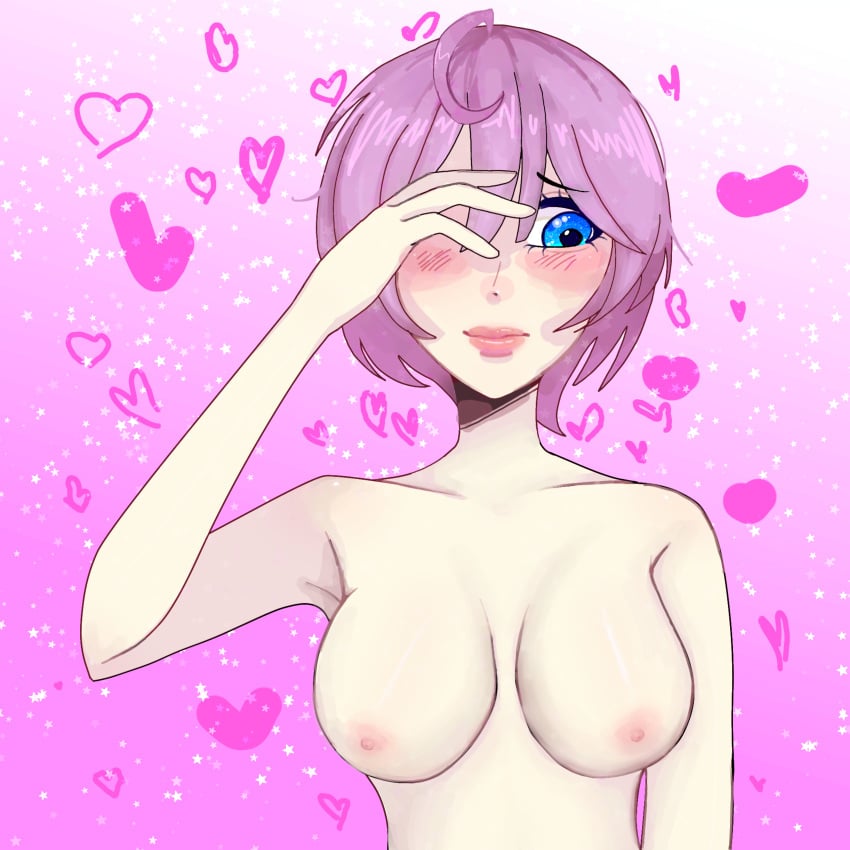 ahoge bad_background big_breasts big_breasts blue_eyes blush blush closed_mouth embarrassed female female_focus female_only hand_on_head hidden_eye light-skinned_female light_skin looking_away naked nipples no_bra no_clothes open_eyes pink_background pink_hair pink_nipples short_hair shy smile solo weak_smile