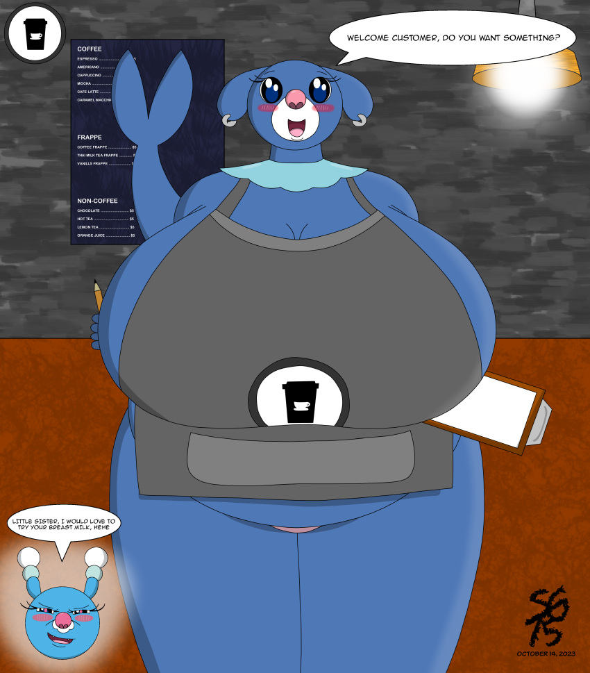 2023 2girls anthro anthro_pokemon apron apron_only bbw big_breasts big_ears big_eyes blue_body blue_fur blush blush_lines breasts brionne chubby chubby_female coffee_shop dialogue dialogue_bubble ear earrings fat_breasts fat_female fat_woman female female_only hips huge_breasts logo mammal mammal_humanoid menu menu_board mia_sandoval_(solandgamer75) nintendo open_mouth overweight overweight_female pencil pink_nose plump pokemon pokemon_(species) popplio sea_lion sea_lion_humanoid seal seal_humanoid seal_tail sideboob sisters solandgamer75 tail thong watermark