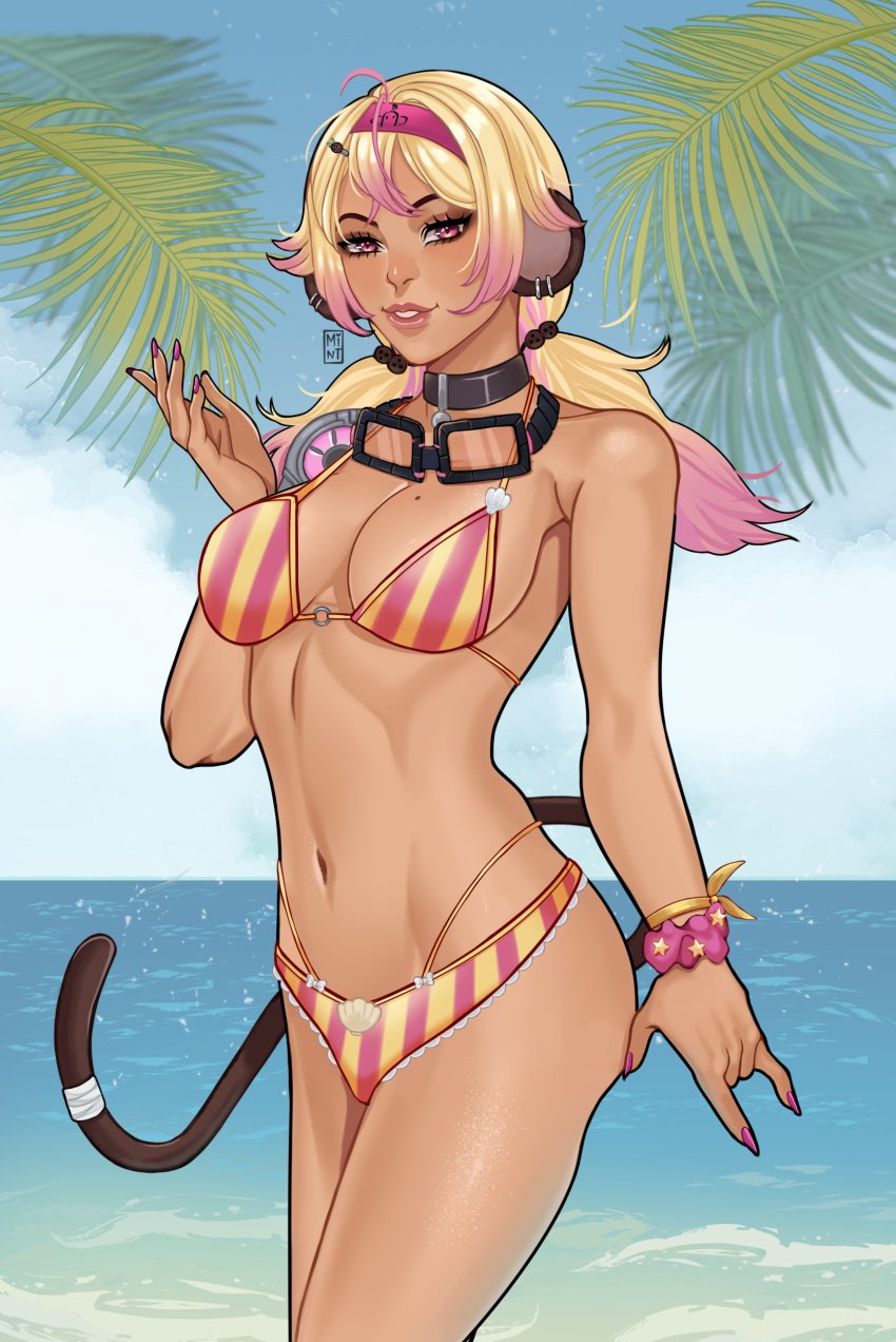 1girls 2020s 2023 abs alternate_version_available animal_humanoid bandage bandage_on_tail beach beach_background belly belly_button big_breasts bikini bikini_bottom bikini_top blonde_hair bow bow_ribbon bracelet breasts brown_skin brown_skinned_female choker cleavage clothed clothed_female clothes clothing coconut colored commission dark-skinned_female dark_skin ear_piercing ear_ring earrings elbow goggles goggles_around_neck hair hair_ornament hairband hairclip hi_res high_resolution highres huge_breasts humanoid indie_virtual_youtuber kokonuts large_breasts looking_at_viewer mechanical_arm mintteal mole_on_breast monkey_girl monkey_tail multicolored_hair neckwear ocean painted_nails palm_tree pierced_ears piercing piercings pink_eyes pink_hair pink_highlights pink_nail_polish pink_nails scrunchie_on_wrist seashell sideboob solo solo_female solo_focus striped_bikini stripes summer tail tanned tanned_female tanned_girl tanned_skin teeth thighs toned toned_body toned_female toned_stomach twintails two_tone_clothing two_tone_hair virtual_youtuber vtuber wakipai ych ych_result yellow_hair