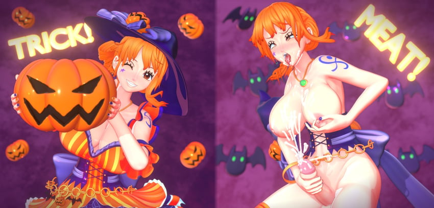 3d 3d_(artwork) 3d_model ahe_gao banchouforte big_breasts blender blush corset cum cum_dripping cumming erect_penis futa_only futanari halloween jack-o'-lantern masturbation naked nami nipple_pinch nipples one_piece orange_hair pre-timeskip smile smiling_at_viewer solo_futa tattoo tongue_out weapon wink witch_costume witch_hat