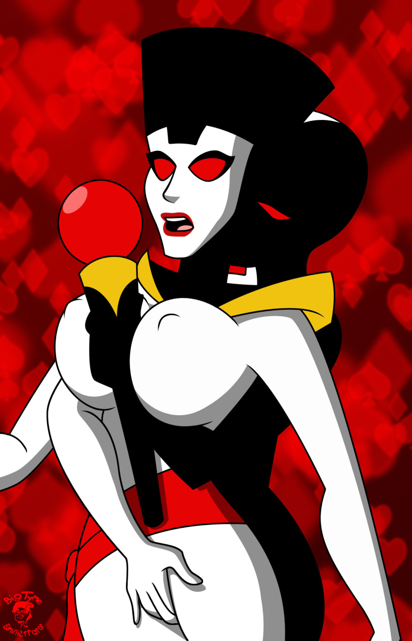 batman_(series) batman_beyond bigtyme breasts dc_comics dcau diamonds donna_walker fingering fingering_pussy hearts incest kissing_neck masturbating melanie_walker mother_and_daughter nipples_visible_through_clothing queen queen_(royal_flush_gang) red_background royal_flush_gang sash scepter surprised ten_(royal_flush_gang) yuri