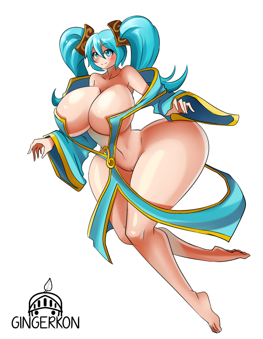 1girls aqua_eyes aqua_hair ass barefoot breasts color female gingerkon hair huge_ass huge_breasts league_of_legends pussy smile sona_buvelle thick_thighs tied_hair twintails