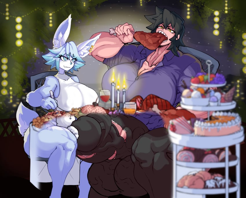 bulge bulge_rubbing busty_boy date dinner dinner_date eating femboy food futa_with_male futanari gigantic_breasts gigantic_penis hyper hyper_penis lywdmaru muscular_futanari original_character penis_outline power_(powerslamming) powerslamming torn_clothes tristan_(bluebunboi)