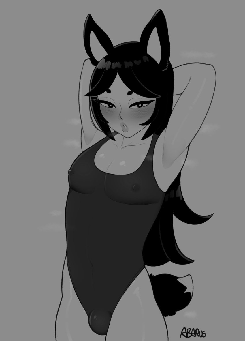 1boy abarus animal_ears armpits arms_up bedroom_eyes blush bulge clothing eyebrows eyelashes femboy fox_boy fox_ears fox_tail girly hands_behind_head long_hair looking_at_viewer male male_only monochrome navel nipples original original_character pose seductive solo tail