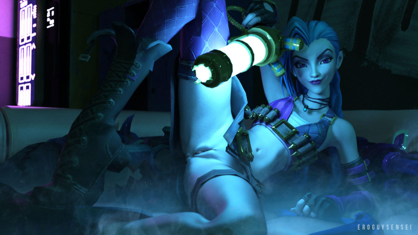 1girls 2023 3d asymmetrical_clothes asymmetrical_legwear bottomless elbow_gloves eroguysensei female female_only fingerless_gloves gloves holding_gun holding_object holding_weapon jinx_(league_of_legends) league_of_legends long_gloves looking_at_viewer presenting_pussy small_breasts solo spread_legs stylized thighhighs