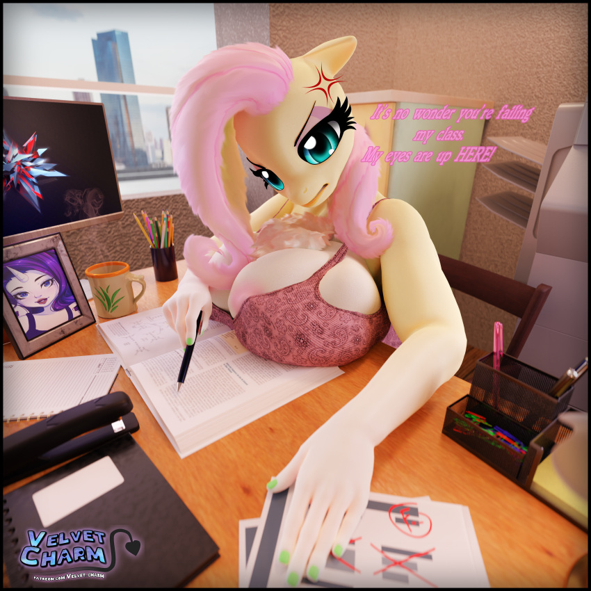 angry angry_expression angry_face angry_symbol anthro breasts_popping_out chest_fluff city_background computer_monitor detailed_hair dialogue filing_cabinet fluttershy_(mlp) homework mug my_little_pony my_little_pony_friendship_is_magic notebook open_book paperwork pencil_holder photo_(object) printer rarity_(mlp) revealing_clothes stapler teacher_clothing velvet_charm