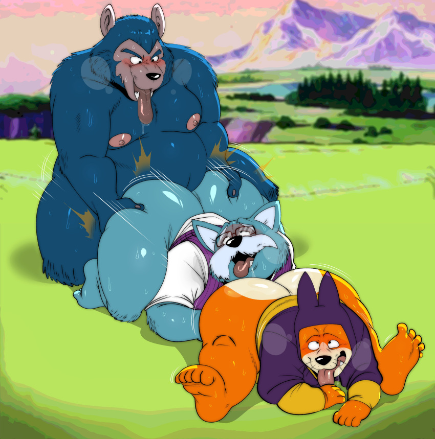 2023 absurd_res anthro ass belly big_belly big_butt blue_body canid canine canis clothing detailed_background dragon_ball eyewear facial_hair gay glasses group group_sex hi_res humanoid_hands king_furry male male/male mammal man-wolf mature_male moobs moustache nipples orange_body outside overweight overweight_male rimming satsui-n0-had0u sex shirt shu_(dragon_ball) superchub threesome tongue tongue_out topwear wolf