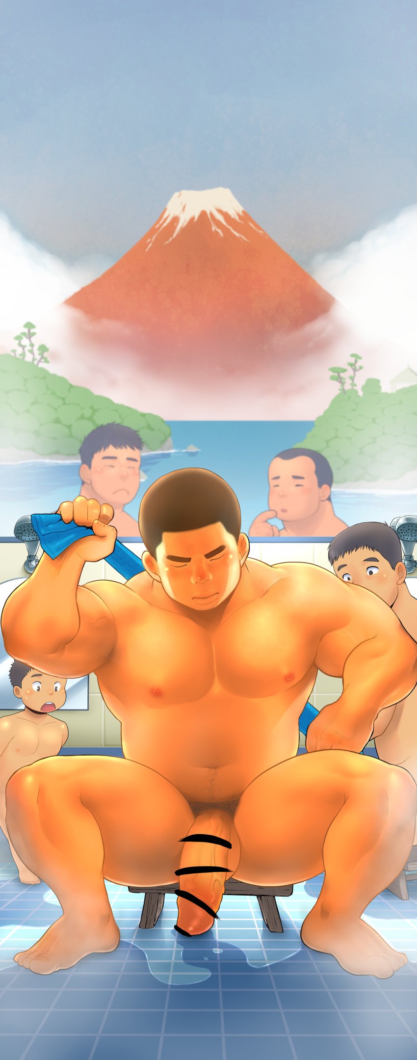 5boys absurdres bar_censor bara black_hair censored closed_eyes closed_mouth completely_nude erection highres holding holding_towel large_pectorals male_focus multiple_boys muscular muscular_male navel nipples nude original pectorals penis pyon_(pyonkobo) short_hair sitting towel