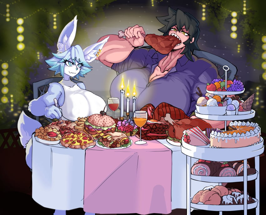 busty_boy date dinner dinner_date eating femboy food futa_with_male futanari gigantic_breasts lywdmaru muscular_futanari original_character power_(powerslamming) powerslamming tristan_(bluebunboi)