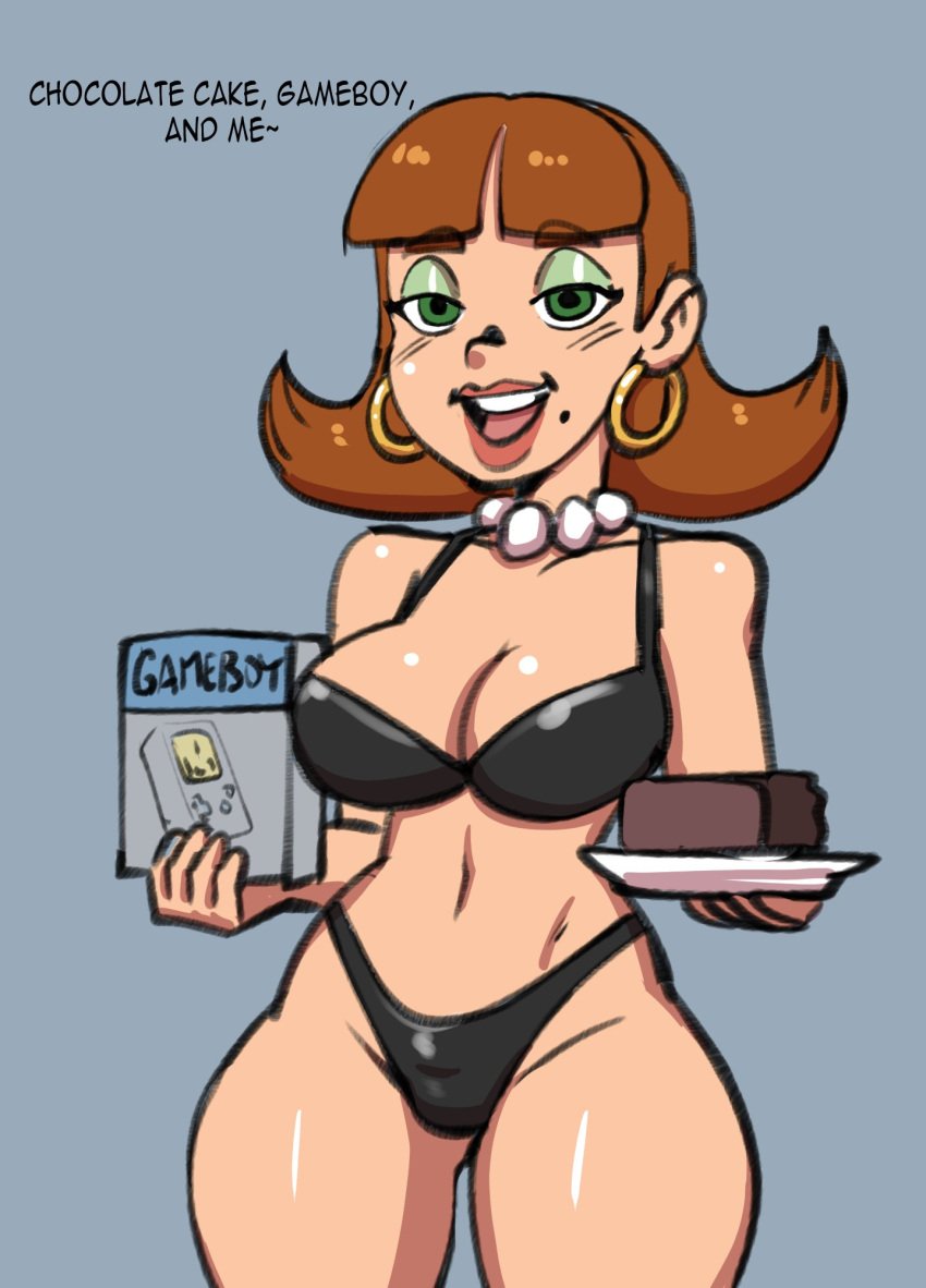 1girls beauty_mark big_breasts big_cleavage black_bra black_lingerie black_panties bra breasts brown_hair cake chocolate_cake chocolate_cake_gameboy_and_me darkeros13 earrings eyeshadow female female_only game_case green_eyes hourglass_figure jimmy_neutron_boy_genius judy_neutron long_hair meme milf navel panties pearl_necklace picket_fences_(series) plate simple_background simple_shading solo